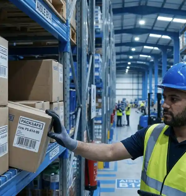 Warehouse picker selecting parcels from racking shelves in a fulfilment centre